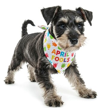 A little playful Miniature Schnauzer wearing a tiny April Fools bandana isolated on white background