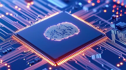 Poster - A close-up image of a microchip on a circuit board, showcasing intricate patterns and glowing connections, emphasizing technology and innovation.
