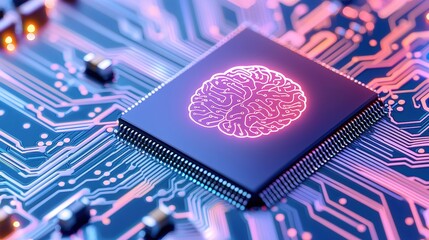 Poster - A vibrant close-up of a microchip featuring a stylized brain design, symbolizing artificial intelligence and advanced technology in circuitry.