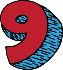 Fototapete - red blue number nine in 3d with shadow in the form of strokes hand drawn with black lines in grunge style