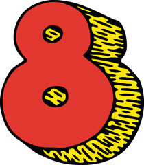 Fototapete - red yellow number eight in 3d with shadow in the form of strokes hand drawn with black lines in grunge style