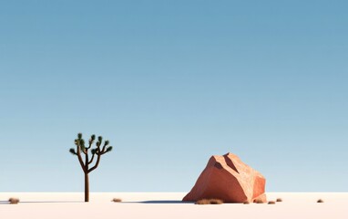 Poster - minimalist desert landscape with joshua tree and pink rock
