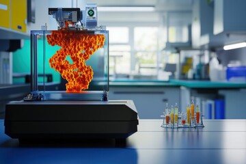 Poster - Innovative 3D printer showcasing vibrant orange molecular structure in a modern lab setup