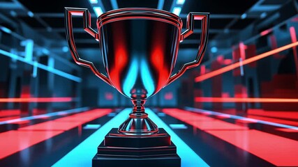 Poster - Shiny trophy on display in a futuristic digital environment, highlighting achievement and success with vibrant neon colors and symmetrical lines