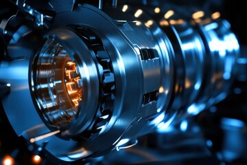 Poster - Detailed close-up of a futuristic mechanical component with glowing elements in a dark setting