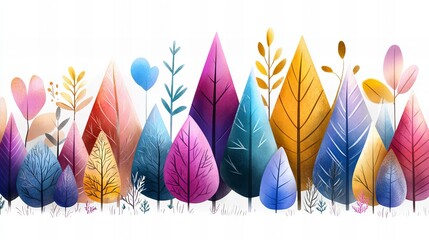 Colorful stylized trees stand closely together against a bright white background in this digital illustration.