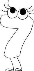 Fototapete - funny number seven drawn with black lines in grunge style with eyes with eyelashes stands on feet and looks up