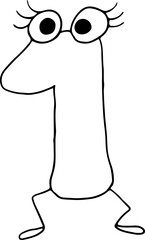 Fototapete - funny number one drawn with black lines in grunge style with eyes with eyelashes and legs