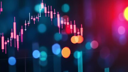 Poster - Abstract financial trading background with colorful bokeh effects and candlestick charts showcasing market trends and data analysis in vibrant colors