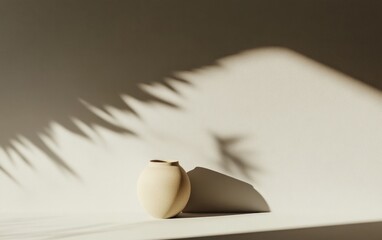 Poster - Beige Ceramic Heart in Sunlight with Palm Leaf Shadows