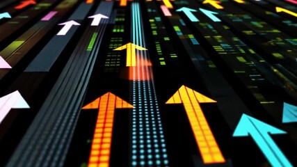 Poster - Vibrant Digital Arrows Representing Growth, Progress, and Movement in a Bright and Abstract Urban Landscape of Technology and Innovation