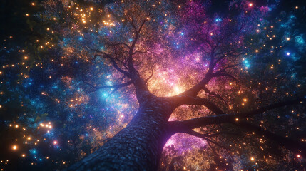 Wall Mural - cosmic canopy: an ethereal tree bursts forth with radiant, multi-hued lights against the dark, an aw