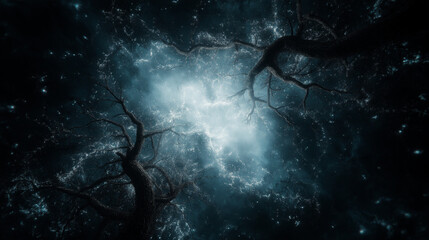 Wall Mural - celestial canopy: a mystical view of intertwined branches reaching towards a swirling, illuminated c