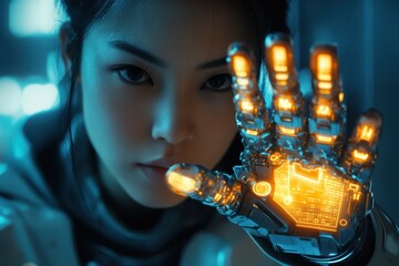 Poster - Futuristic woman showcasing advanced robotic hand with glowing circuitry