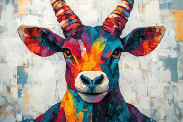 Wall Mural - An abstract colorful painting depicts the face of a horned animal