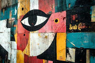 Wall Mural - A colorful abstract painted face design on weathered wooden panels