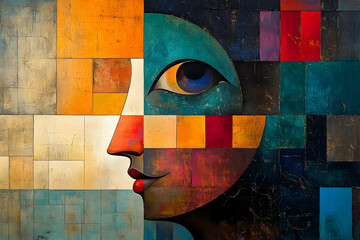 Wall Mural - An abstract artistic depiction of a human profile and an eye