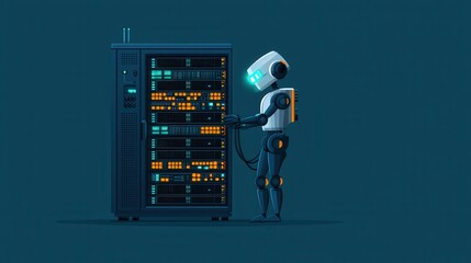 Poster - Data engineer fixing a massive digital server with a robotic assistant.