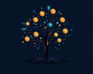 Aufkleber - Digital tree with currency leaves, representing financial technology growth.