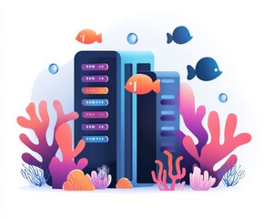 Poster - Diver exploring an underwater data center surrounded by sea life.