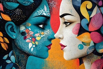 Wall Mural - Two beautiful faces are close to each other in portrait form