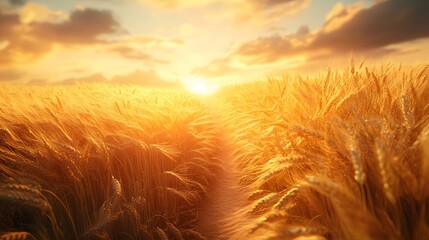 Wall Mural - Golden wheat field bathed in sunset light features a narrow dirt path cutting through swaying amber grain, with warm sunlight filtering through tall stalks, creating a peaceful rural farmland scene.  