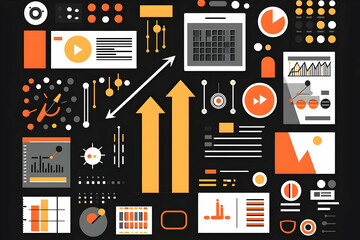 Poster - Upward trending data analytics; charts, graphs, and media icons; business growth background