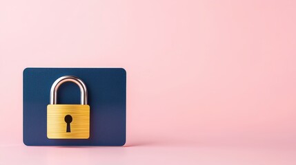 Poster - A golden padlock on a blue card against a soft pink background, symbolizing security and protection.
