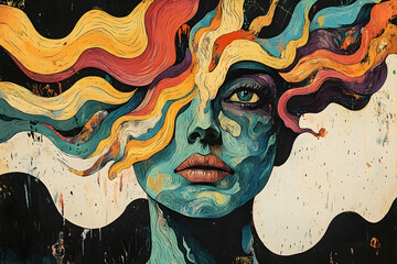 Wall Mural - A Colorful Abstract Portrait Depicts a Female Face with Flowing Hair