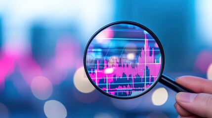 Poster - A close-up view of a magnifying glass focusing on colorful stock market graphs, illustrating analysis and finance.