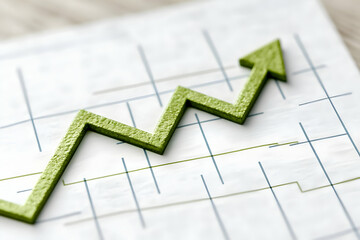 Poster - Green arrow rising on financial chart, desk background, growth concept, business report