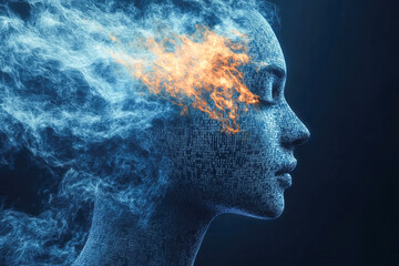 Poster - This image artfully blends a human face with elements of smoke and fire, symbolizing passion and transformation.