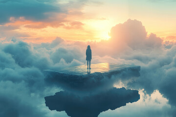 Poster - An ethereal figure stands on a surreal platform above fluffy clouds, basking in the warm glow of dawn light.