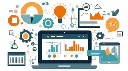 Poster - Laptop screen displaying a detailed digital marketing plan, featuring paid search, organic growth, and performance data.
