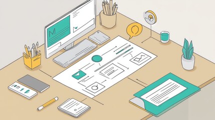 Poster - Marketing strategy flowchart on a desk, highlighting branding, audience segmentation, and conversion funnel.