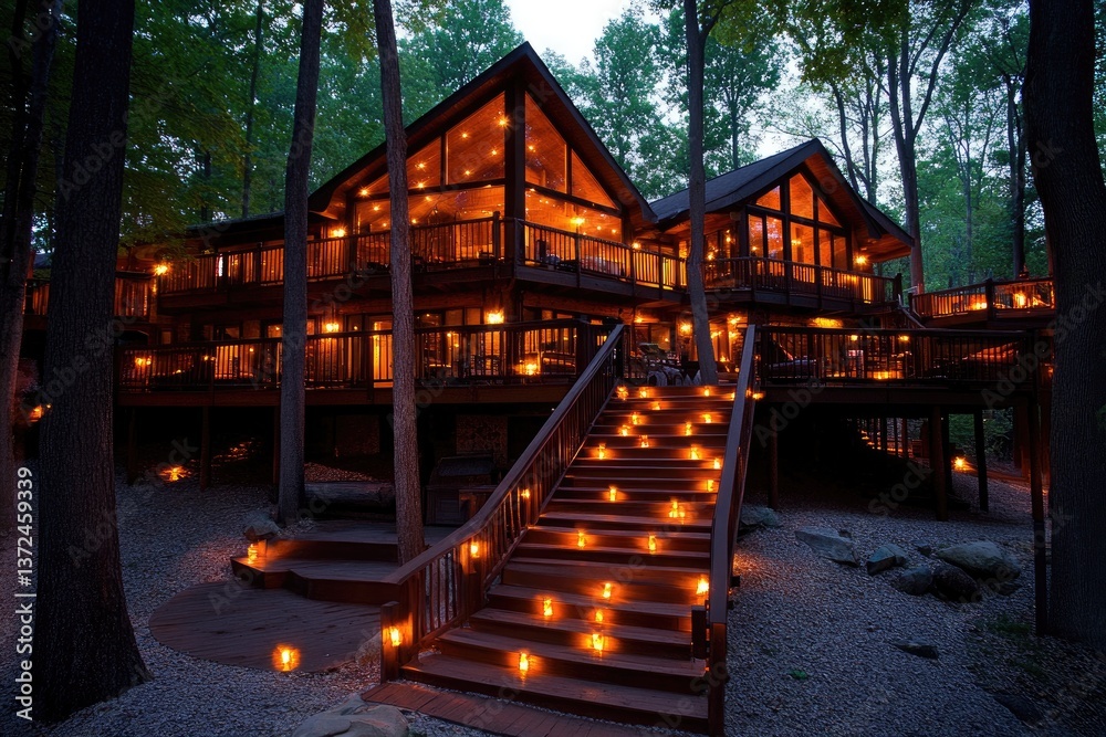 Lit stairs lead to a cozy cabin in the woods at twilight, glowing ...