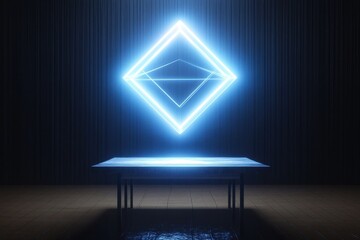 Poster - Bright blue geometric light installation above a table in an artistic dark space