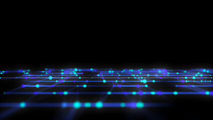 Poster - Abstract grid with blue light on black background. Science background with moving dots and lines. Network connection technology. Digital structure with particles. 3d rendering.