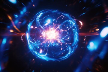 Poster - Vibrant energy sphere pulsating with blue and orange light in a dark, abstract space
