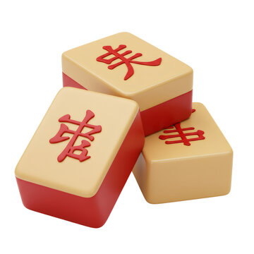 Three Stacked Beige and Red Mahjong Tiles on White Background