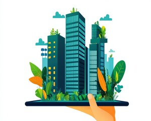 Poster - Architect designing a green skyscraper on a digital tablet.