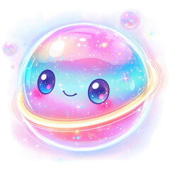 Wall Mural - Cute Cartoon Planet with Colorful Swirls and Sparkling Background