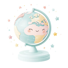 Wall Mural - Cute Cartoon Globe with Pastel Colors and Stars in Playful Style