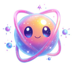 Wall Mural - Cute Cartoon Planet Character with Atomic Orbit and Cheerful Expression