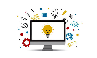 Poster - Modern Desktop Computer with Lightbulb and Creative Icons Representing Innovation and Ideas in Technology