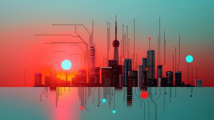 Poster - City skyline merging with computer circuit patterns.