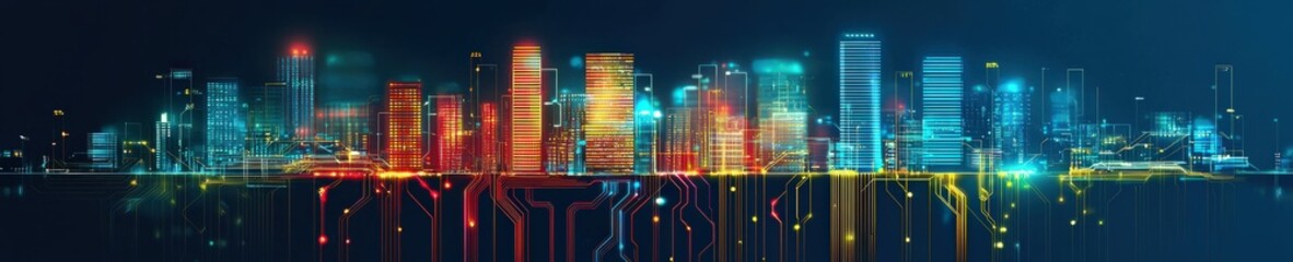 Poster - Cityscape made of glowing circuits, representing smart city development.