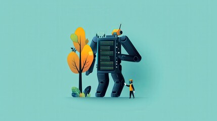 Poster - Data engineer fixing a massive digital server with a robotic assistant.
