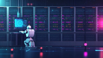 Poster - Data engineer fixing a massive digital server with a robotic assistant.