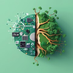 Poster - Globe divided into digital and natural halves, representing balance between technology and environment.
